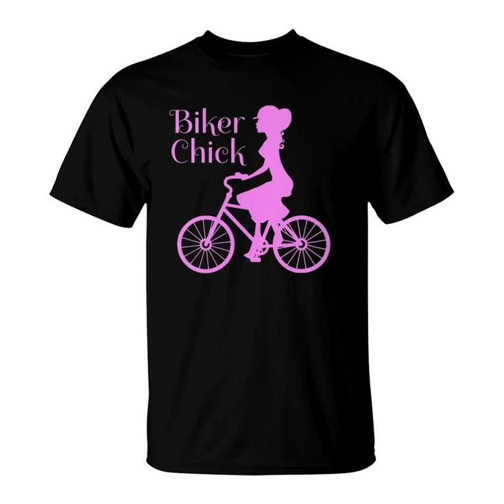 Womens Vintage Bike Biker Chick On Bicycle Quote Pink Print T-Shirt