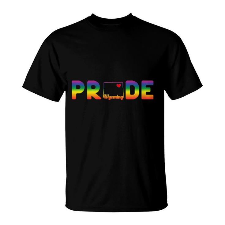 Wyoming Pride With State Outline In Rainbow Colors T-Shirt