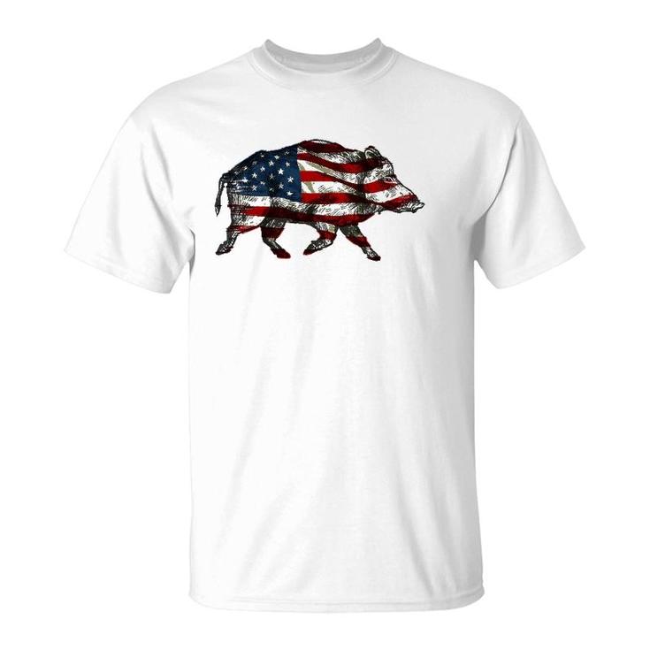 American Flag Feral Hog Wild Pig Hunting T-Shirt
