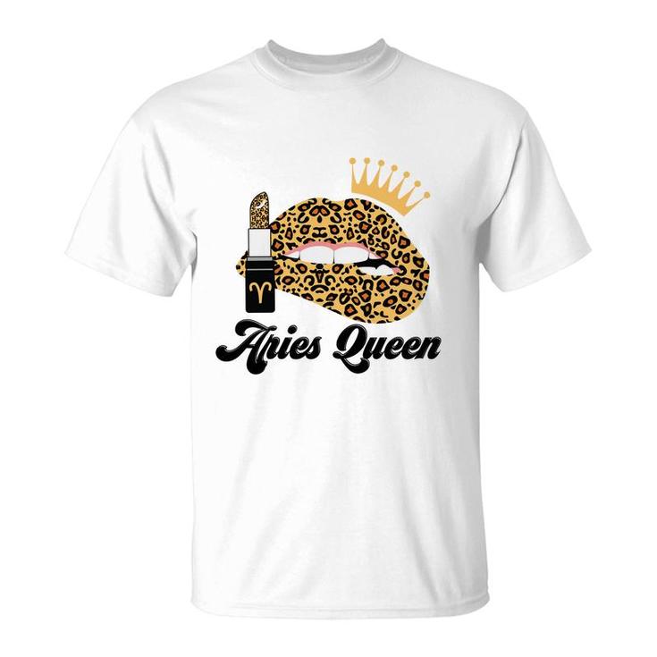 Aries Queen Aries Girls Yellow Lipstick Leopard Birthday Gift T-Shirt