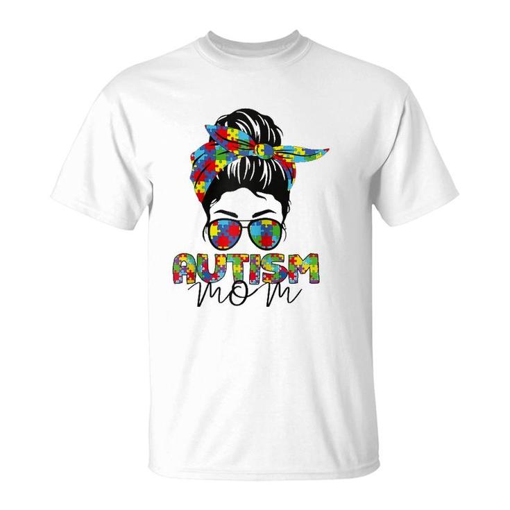 Autism Mom Life Messy Bun Sunglasses Bandana Mother's Day Raglan Baseball Tee T-Shirt