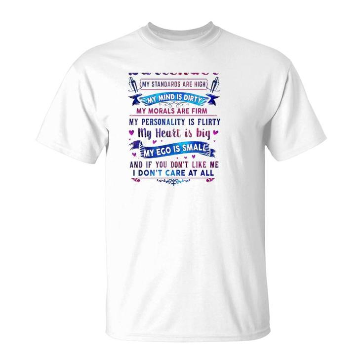 Bartender Bartending As A Bartender My Standard Are High My Mind Is Dirty My Morals Are Firm T-Shirt