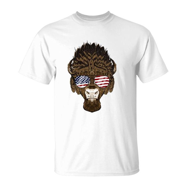 Bison Buffalo Wearing Usa Sunglasses American Flag Patriotic T-Shirt