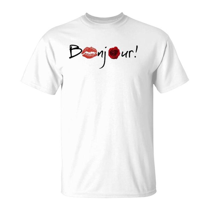 Bonjour Graphic With Lips And Rose Images T-Shirt