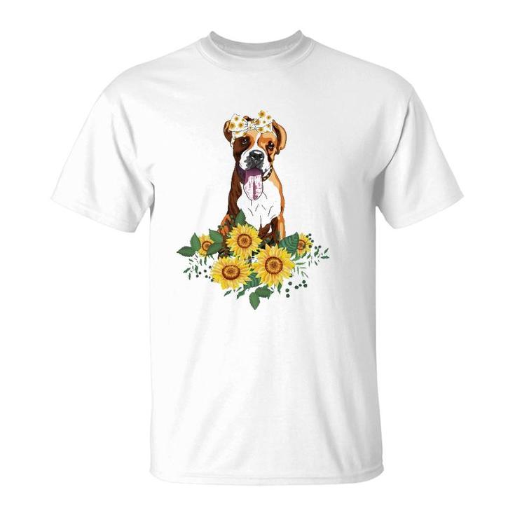Boxer Dog Sunflower Funny Boxer Lover Gifts Dog Mom Dad T-Shirt