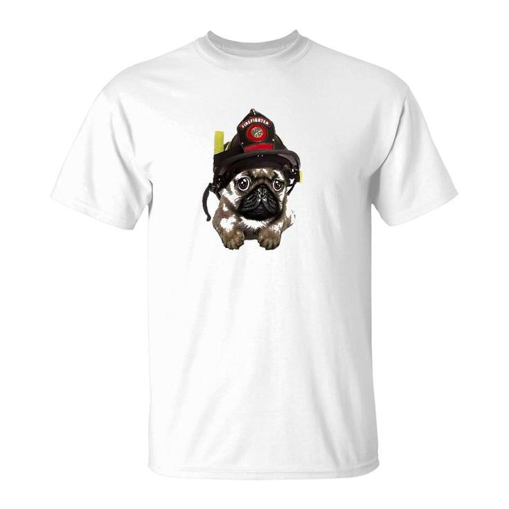 Brave Pug In Firefighter Helmet Cute Pocket Dog T-Shirt