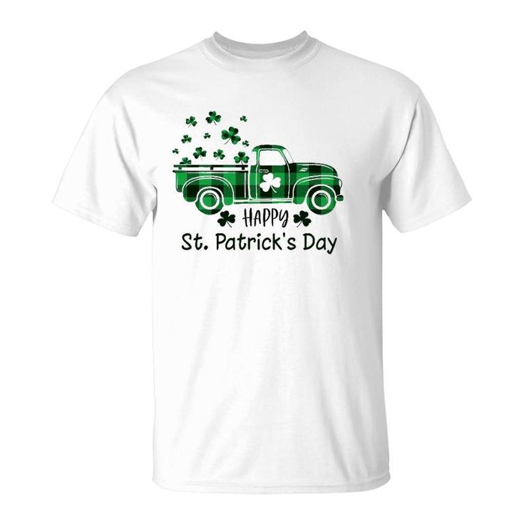 Buffalo Plaid Shamrock Vintage Truck Happy St Patrick's Day T-Shirt