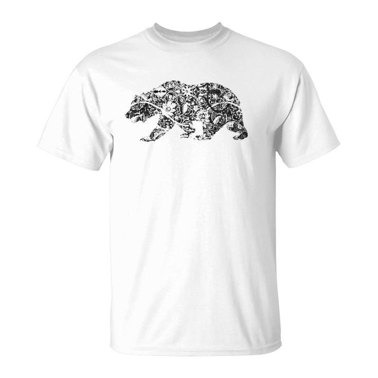 California Republic Bear Floral Pattern  T-Shirt