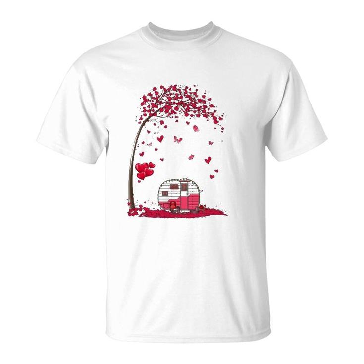Camping Heart Tree Falling Hearts Valentine's Day Camper T-Shirt