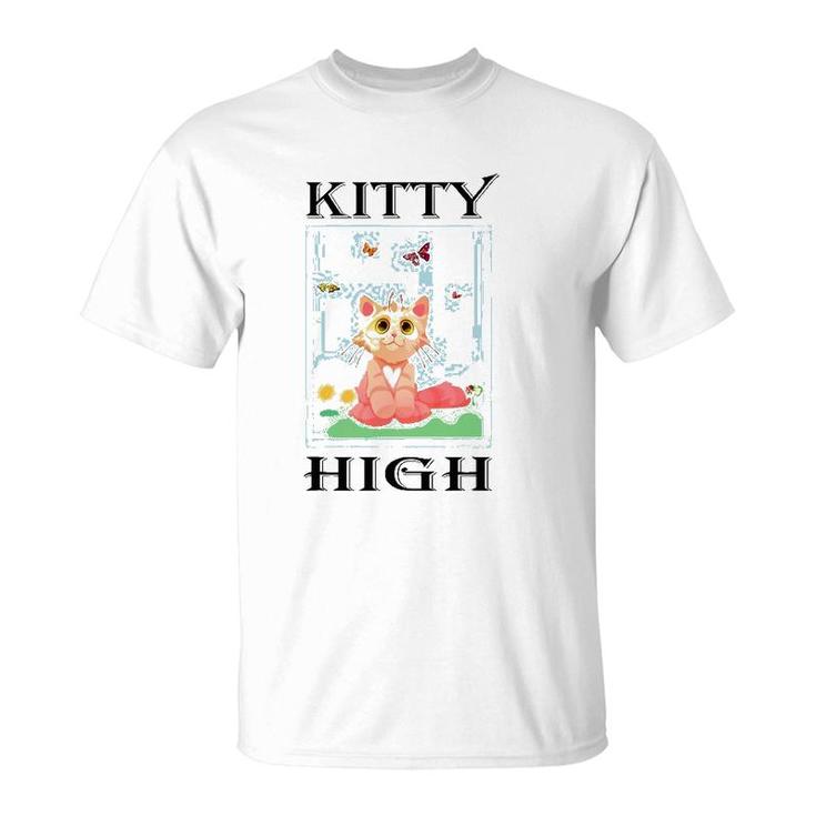 Cat Kitty High Clouds Women Apparel Butterflies Flowers Tee T-Shirt