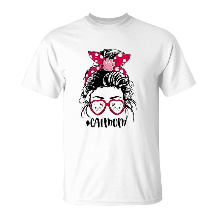 Cat Mom For Cat Faces Lovers Paw Print Heart Sunglasses Mother's Day Messy Bun Hair Polka Dots Bandana T-Shirt
