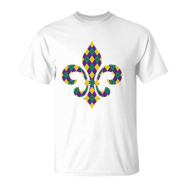 Checkered Mardi Gras Fleur De Lys Symbol T-Shirt