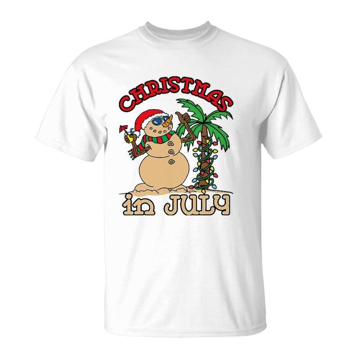 Christmas In July Snowman Sand Palm Tree Summer T-Shirt