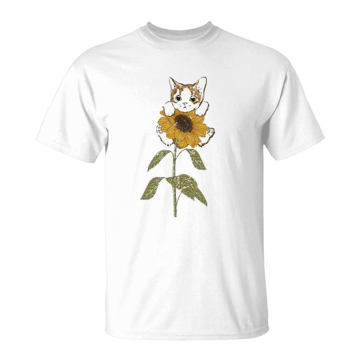 Cute Cat Florist Beautiful Yellow Flower Floral Sunflower T-Shirt