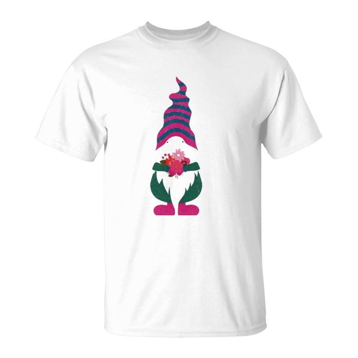 Cute Valentine Gnome Holding Flowers And Hearts Tomte Gift T-Shirt