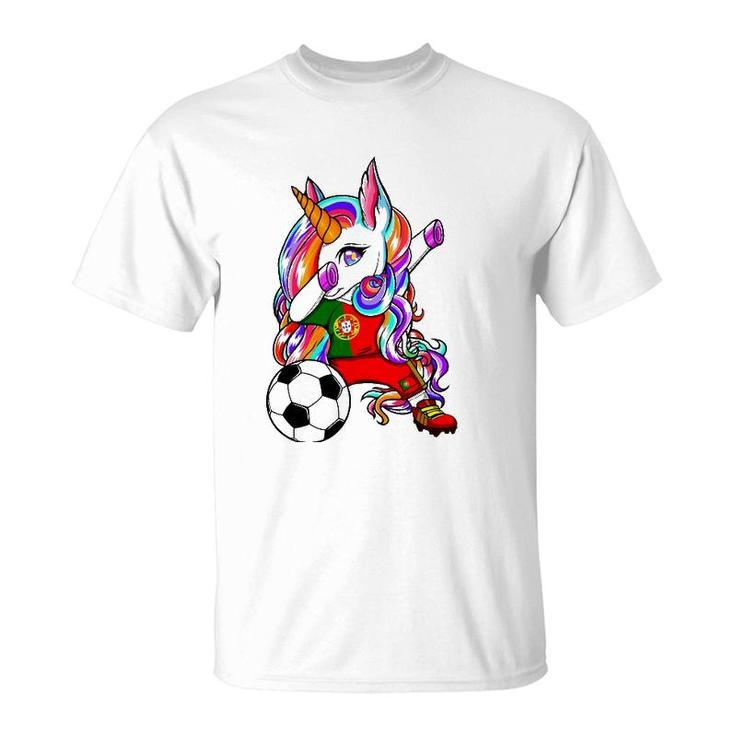 Dabbing Unicorn Portugal Soccer Fans Jersey Flag Football T-Shirt
