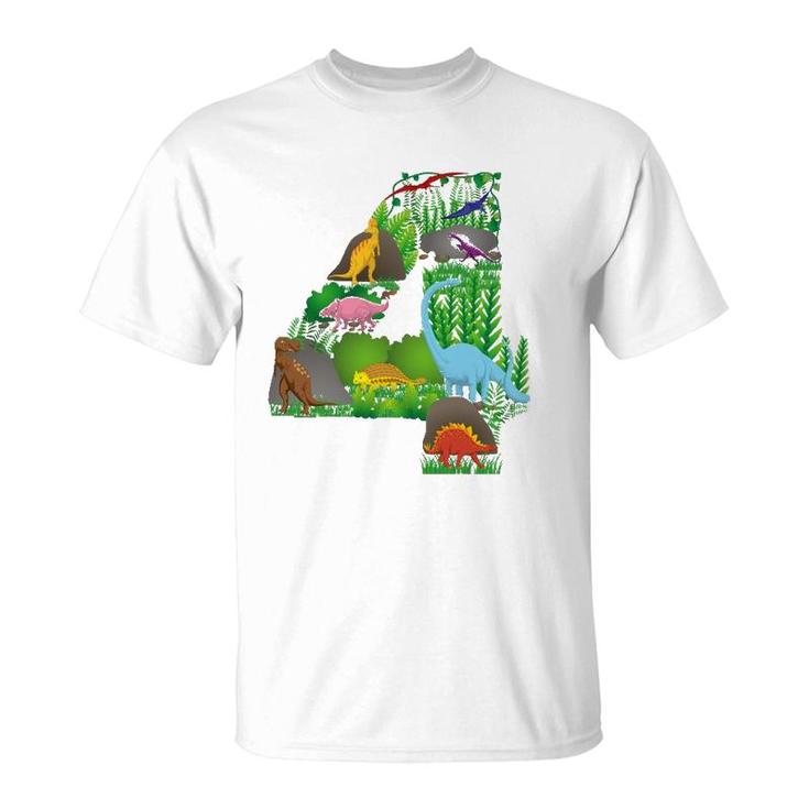 Dinosaurs Jungle Scene Fourth Birthday Number Four T-Shirt