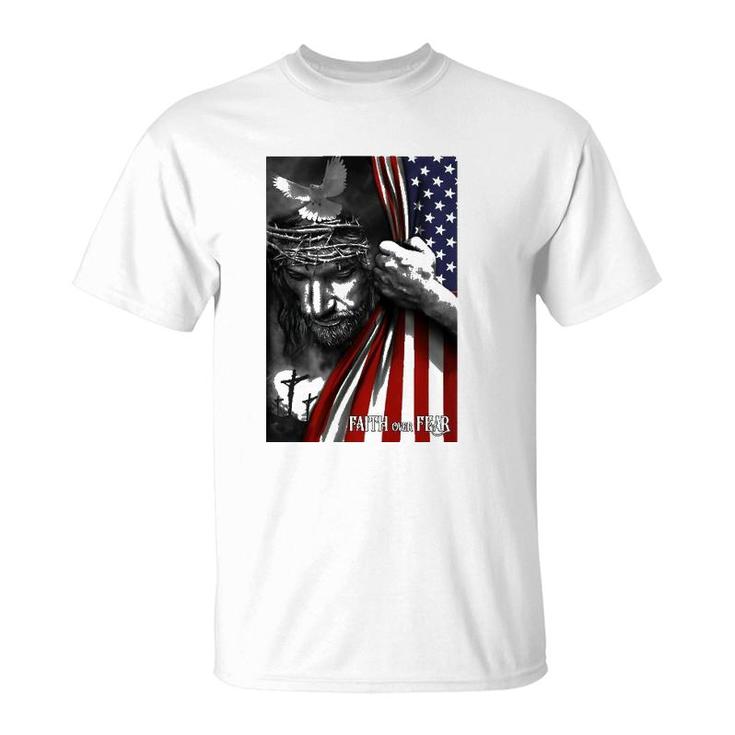 Faith Over Fear Jesus American Flag Patriot Christian T-Shirt