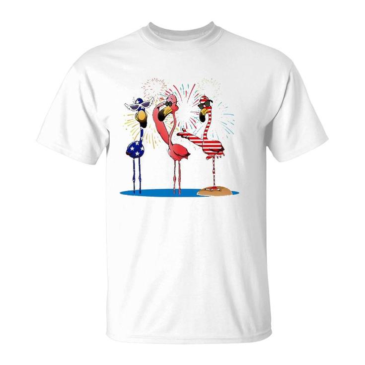 Flamingo American Flag Shadow The 4Th July 2021 Funny T-Shirt