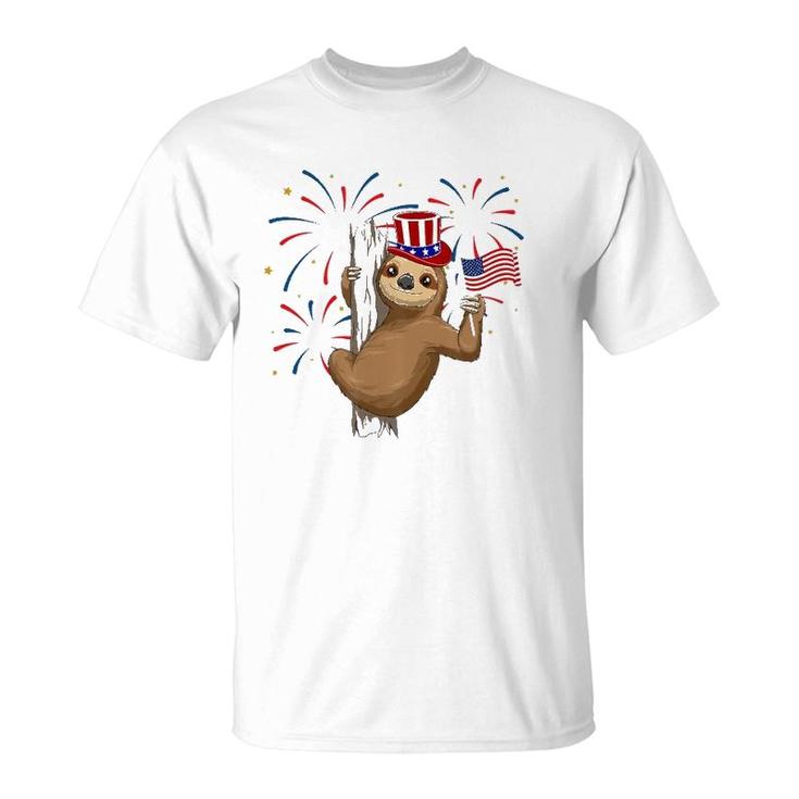 Funny 4Th Of July Sloth With American Flag Patriotic T-Shirt