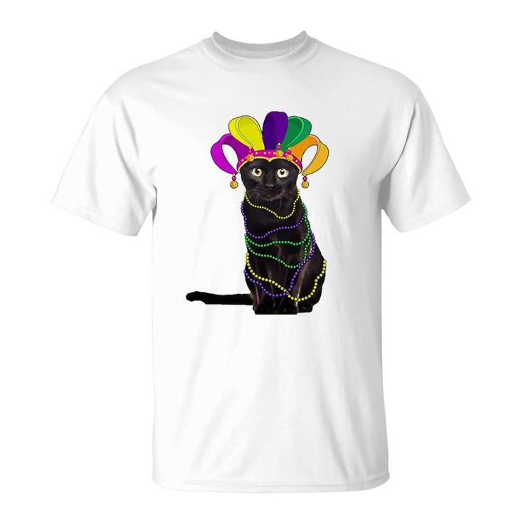 Funny Black Cat In Mardi Gras New Orleans Carnival Costume T-Shirt