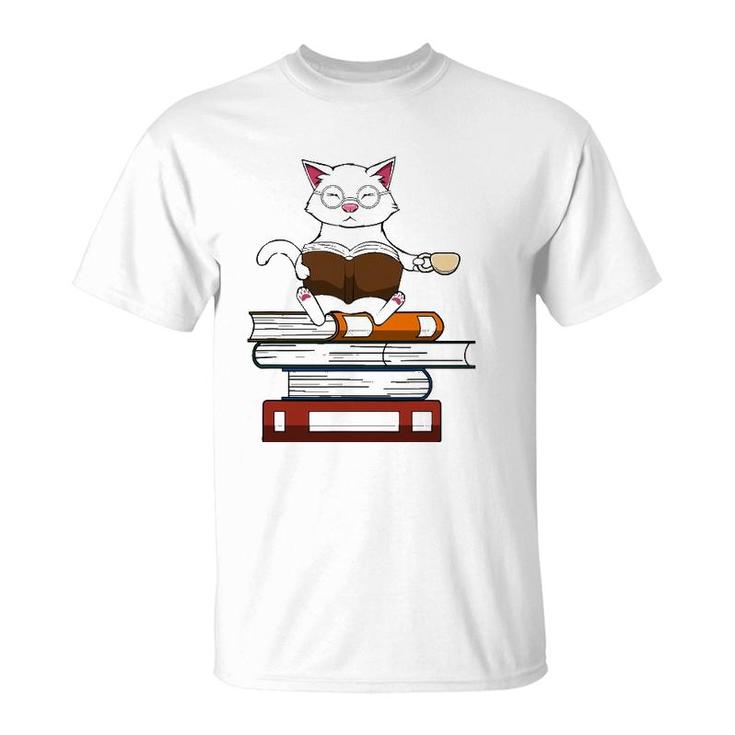 Funny Cat Kitty Reading Books Coffee T-Shirt