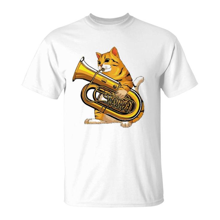 Funny Cat Playing Tuba Gift Cute Kitten Musician Fan T-Shirt