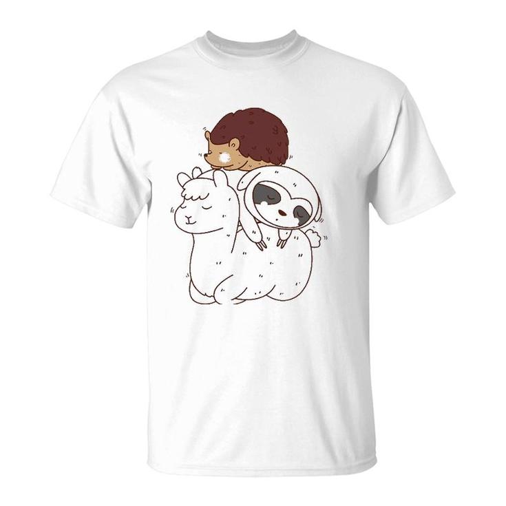 Funny Hedgehog Riding Sloth Riding Llama T-Shirt