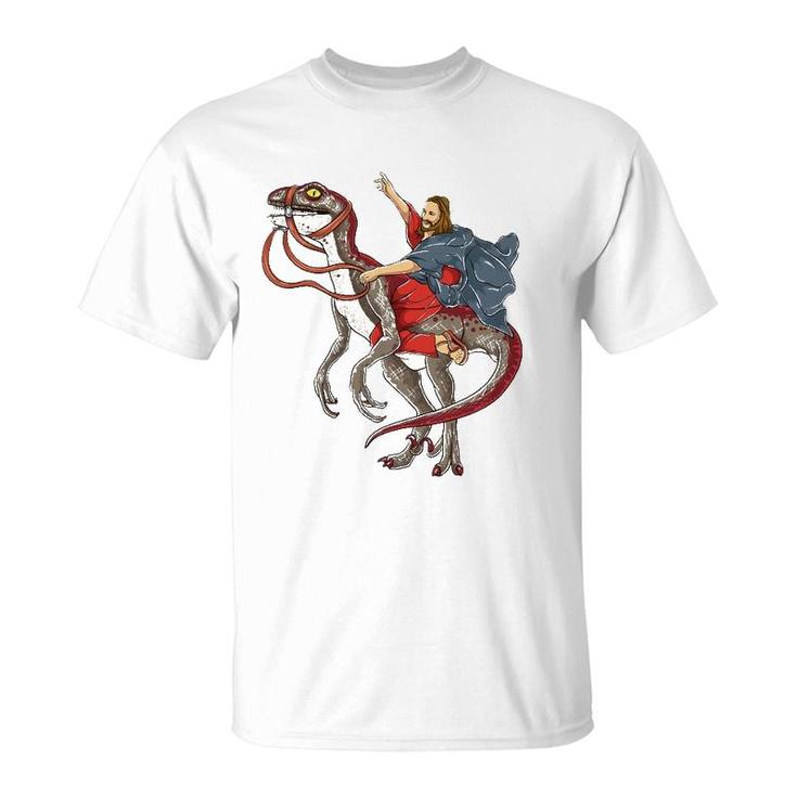 Jesus Riding A Dinosaur  Raptor Dinosaur Parody T-Shirt