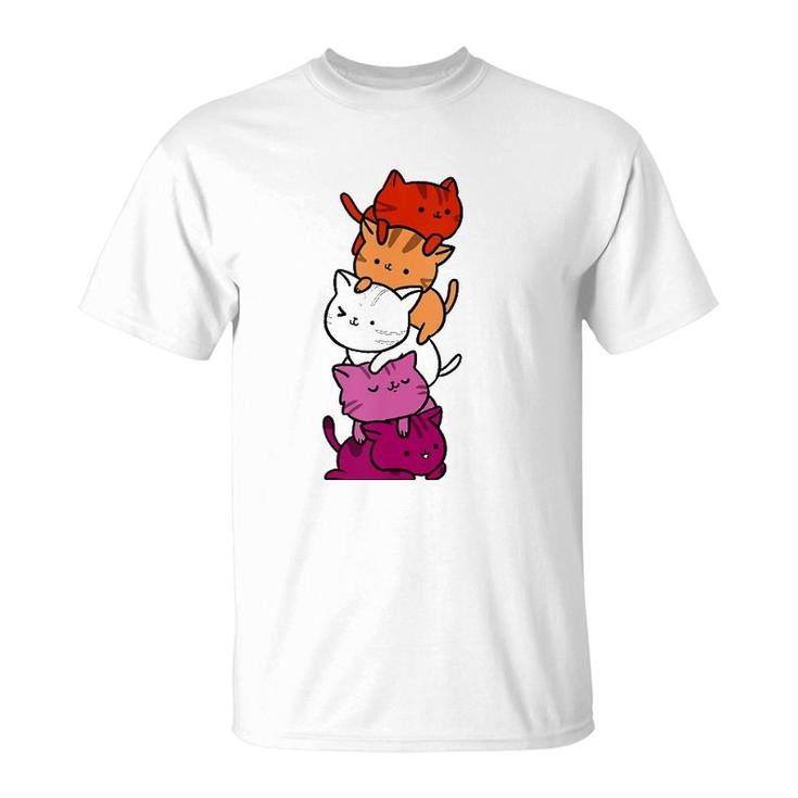 Kawaii Cat Pile Orange Pink Lesbian Pride  T-Shirt
