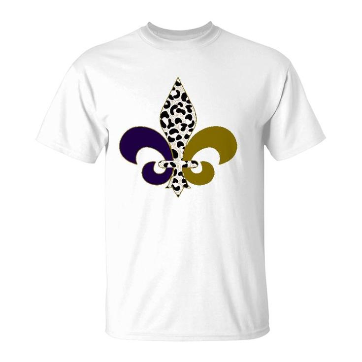 Leopard Purple & Gold Mardi Gras Fleur De Lys Symbol T-Shirt