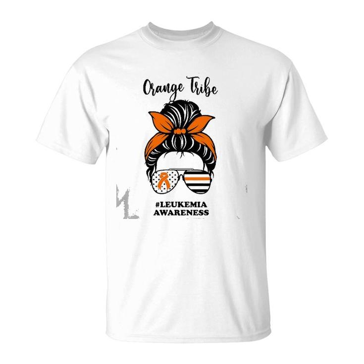 Leukemia Awareness Orange Tribe Ribbon Messy Bun Support T-Shirt