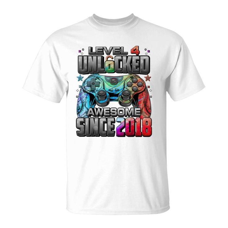 Level 4 Unlocked Awesome Since 2018 4Th Birthday Gaming  T-Shirt