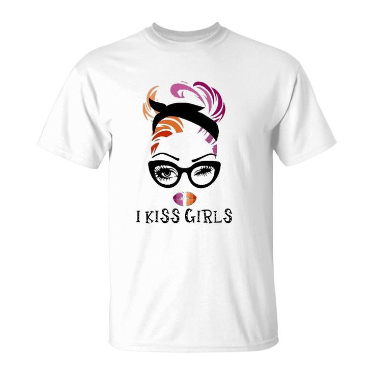 Lgbt Lesbian Pride Flag I Kiss Girls Lesbian Flag Messy Bun Lips Glasses T-Shirt