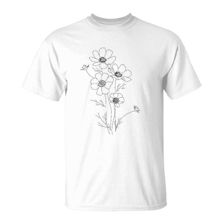 Line Art Flowers Botanical Minimalist Abstract Fashion T-Shirt