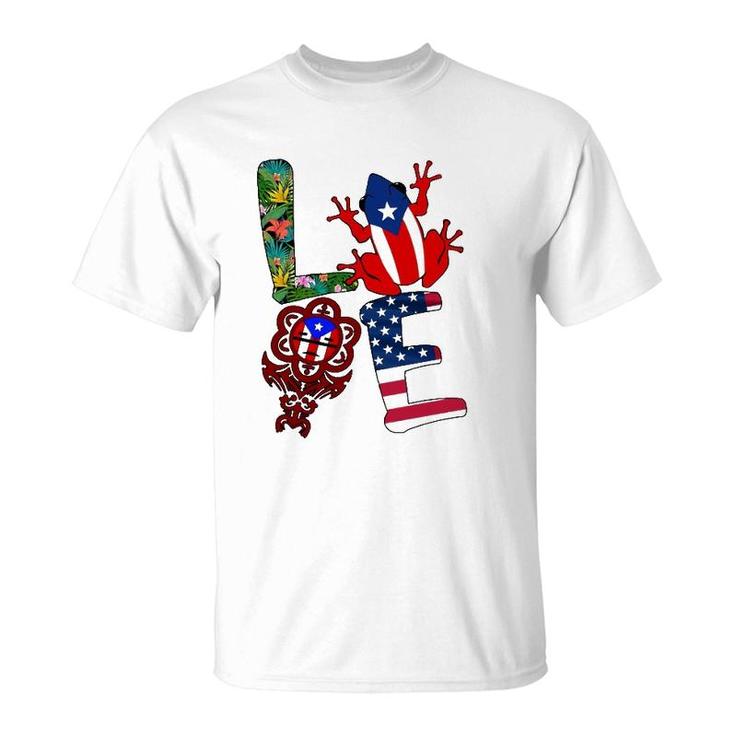Love Puerto Rico Puerto Rican Flag Symbols Frog Atabey American Flag Floral T-Shirt
