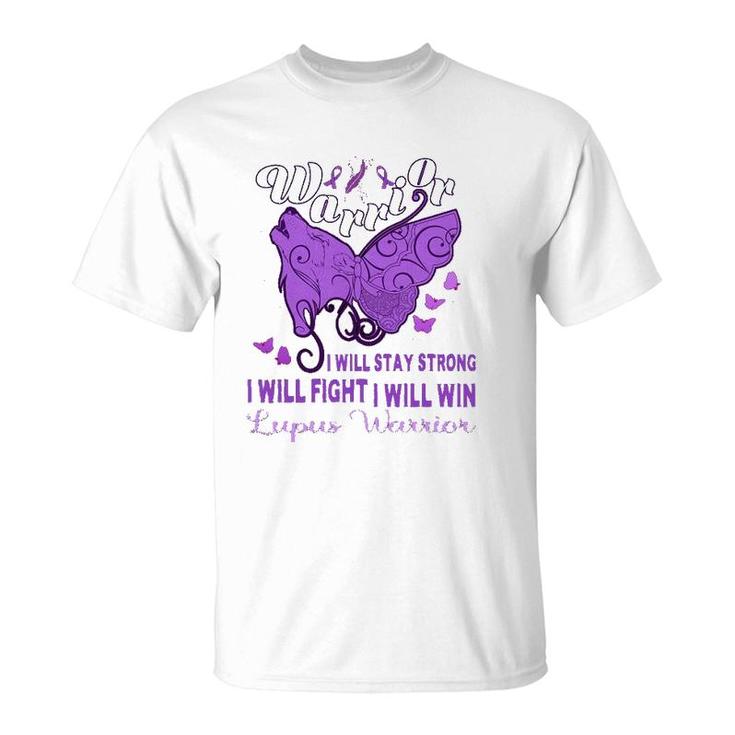 Lupus Awareness Warrior Purple Ribbon Butterfly Wolf Womens T-Shirt
