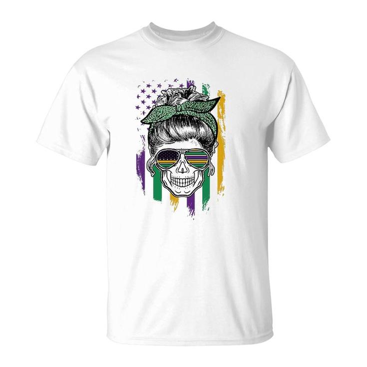Mardi Gras Skull American Flag Funny T-Shirt