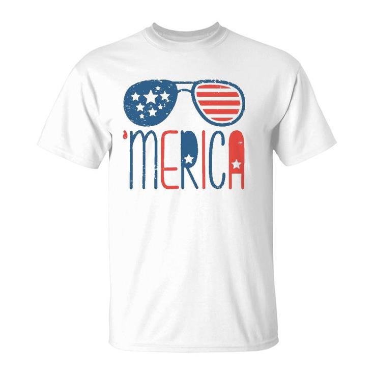 Merica American Flag Aviators Toddler4th July Usa Flag Sunglass T-Shirt
