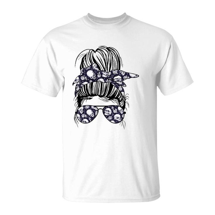 Messy Bun Skull With Flowers Print Sunglasses Goth Women T-Shirt