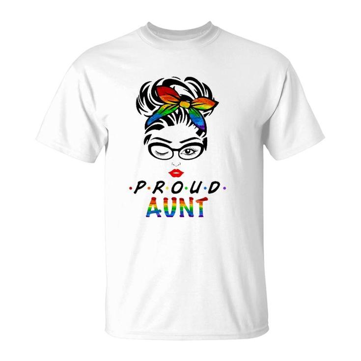 Messy Hair Bun Proud Aunt Lgbt Gay Pride Support Lgbtq T-Shirt
