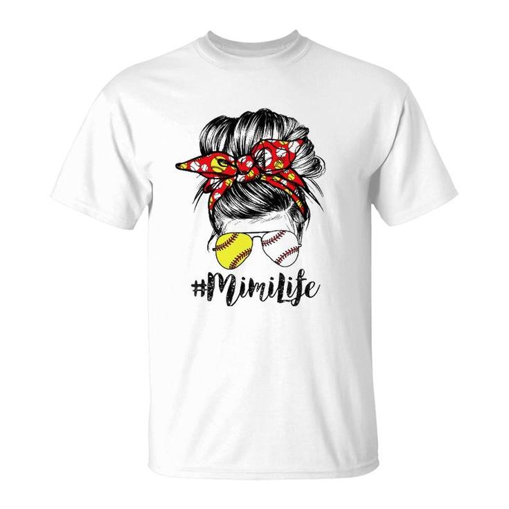Mimi Life Messy Bun Hair Softball Baseball Mother's Day T-Shirt