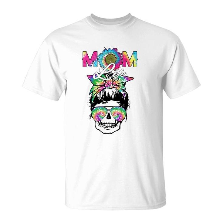 Mom Life Skull Messy Bun Tie Dye Bandana Mother's Day Mama T-Shirt