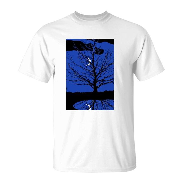 Moon With Tree Cobalt Blue And Black T-Shirt
