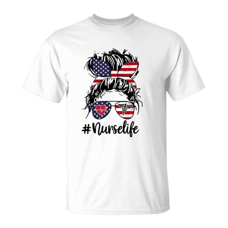 Nurse Life Girl With Messy Buns American Flag T-Shirt
