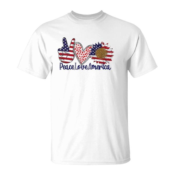 Peace Love America 4Th July Patriotic Sunflower Heart Sign T-Shirt