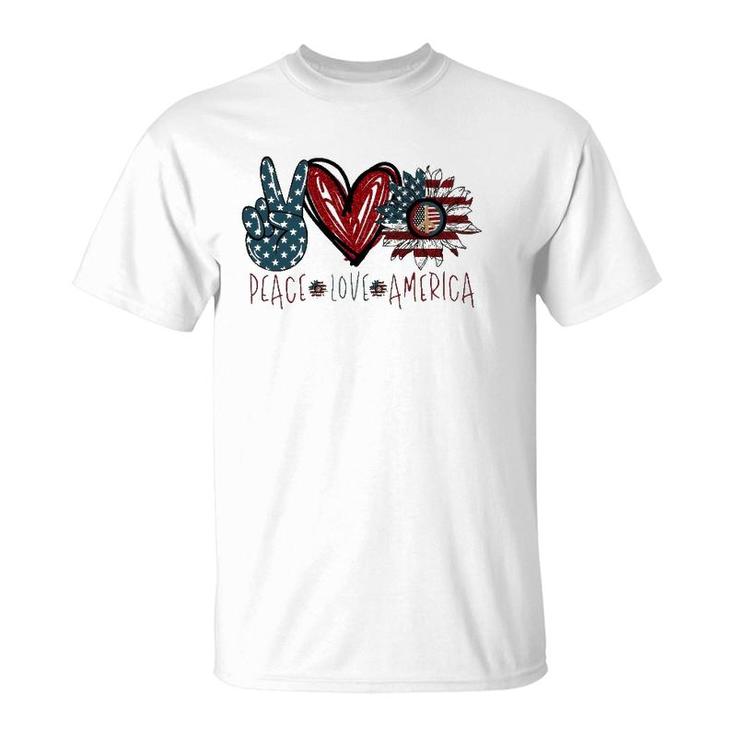 Peace Love America American Flag Sunflower T-Shirt