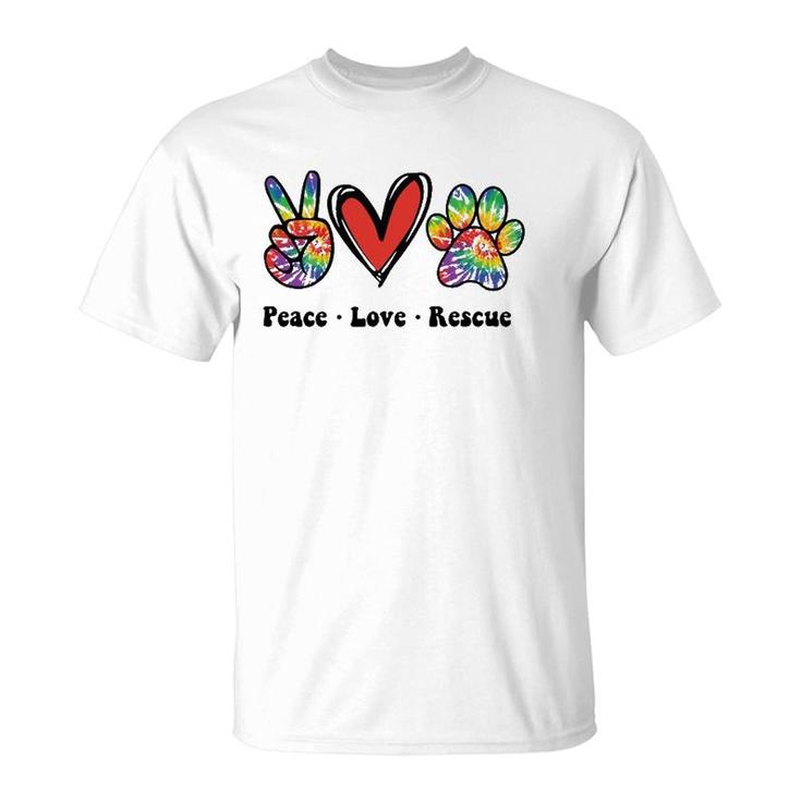 Peace Love And Rescue Peace Sign Heart Paw Print Cat And Dog T-Shirt
