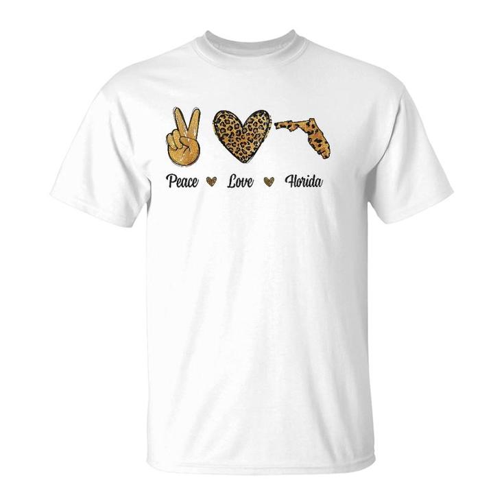 Peace Love Florida Leopard Flag Map Souvenirs For Men Women T-Shirt