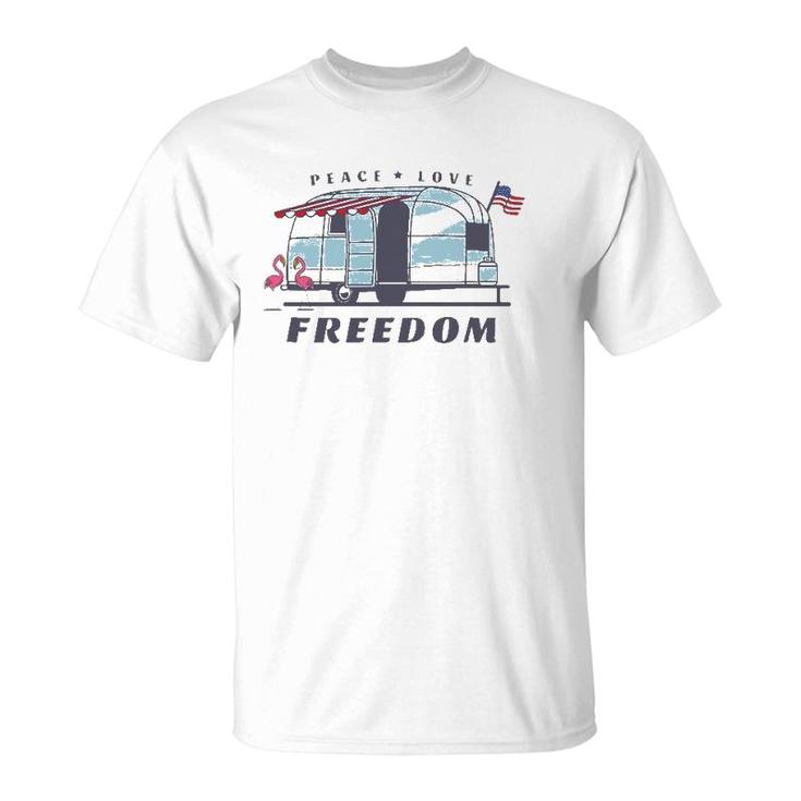 Peace Love Freedom 4Th Of July Avion Airstream Retro Trailer T-Shirt